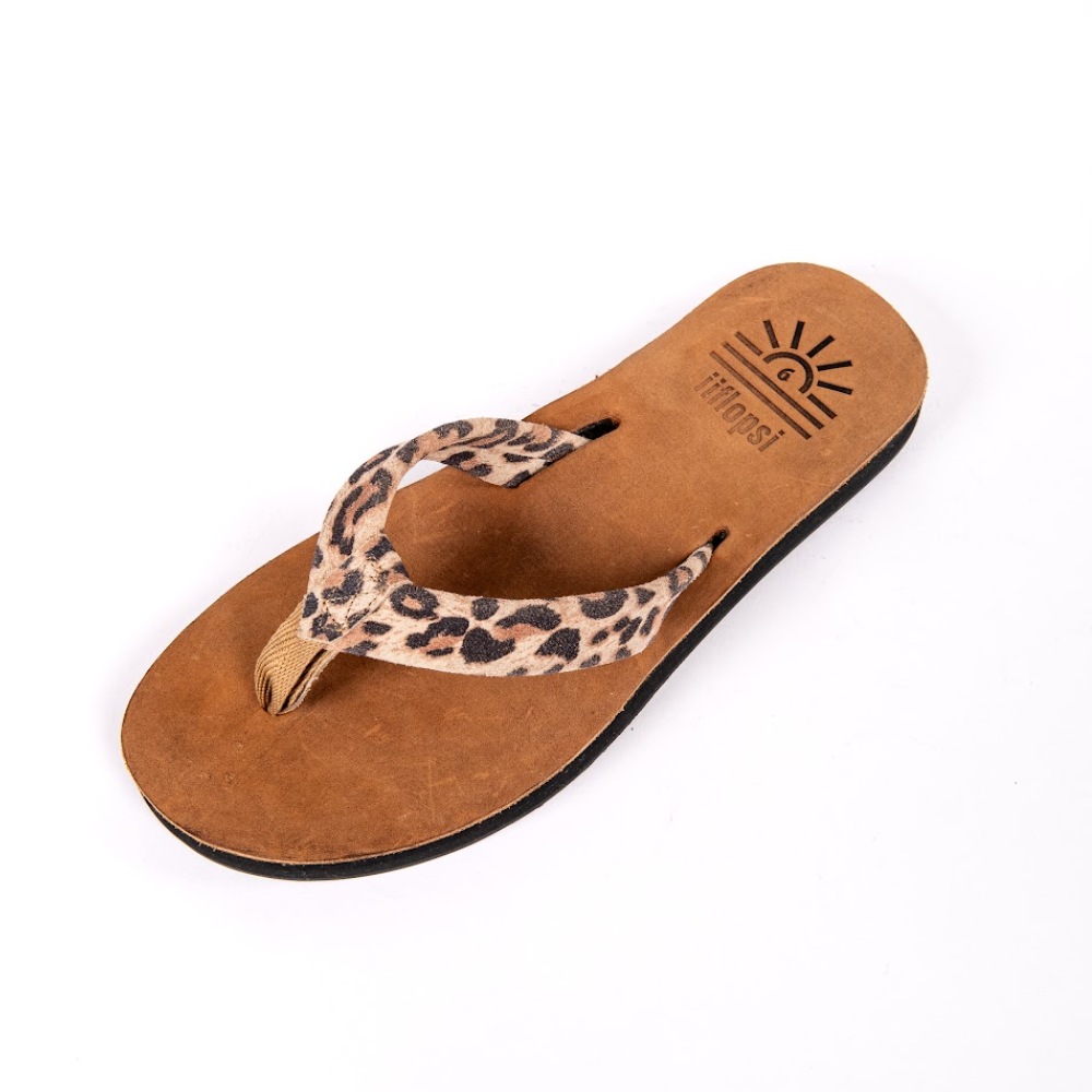 Ladies' Leopard premium handmade leather flip flops - flat - iiflops - South Africa
