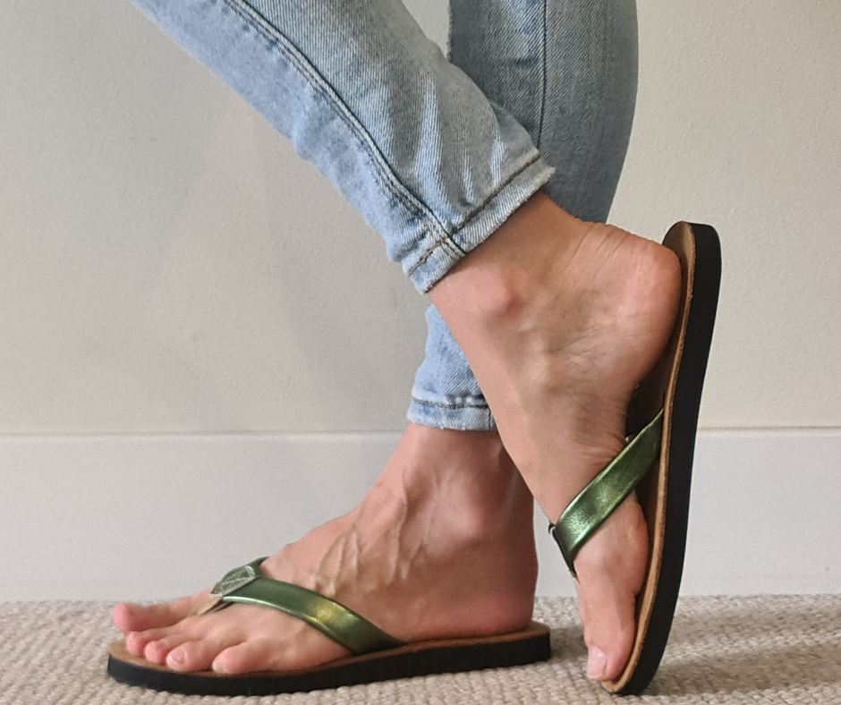 Ladies' Metallic Green premium handmade leather flip flops- flat - iiflopsi - South Africa