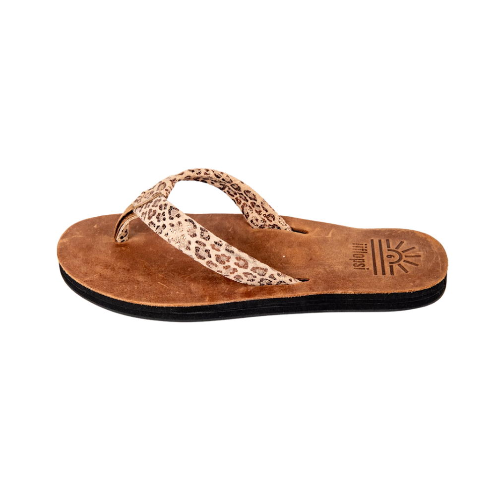 Ladies' Leopard Bronze premium handmade leather flip flops - flat - iiflopsi - South Africa