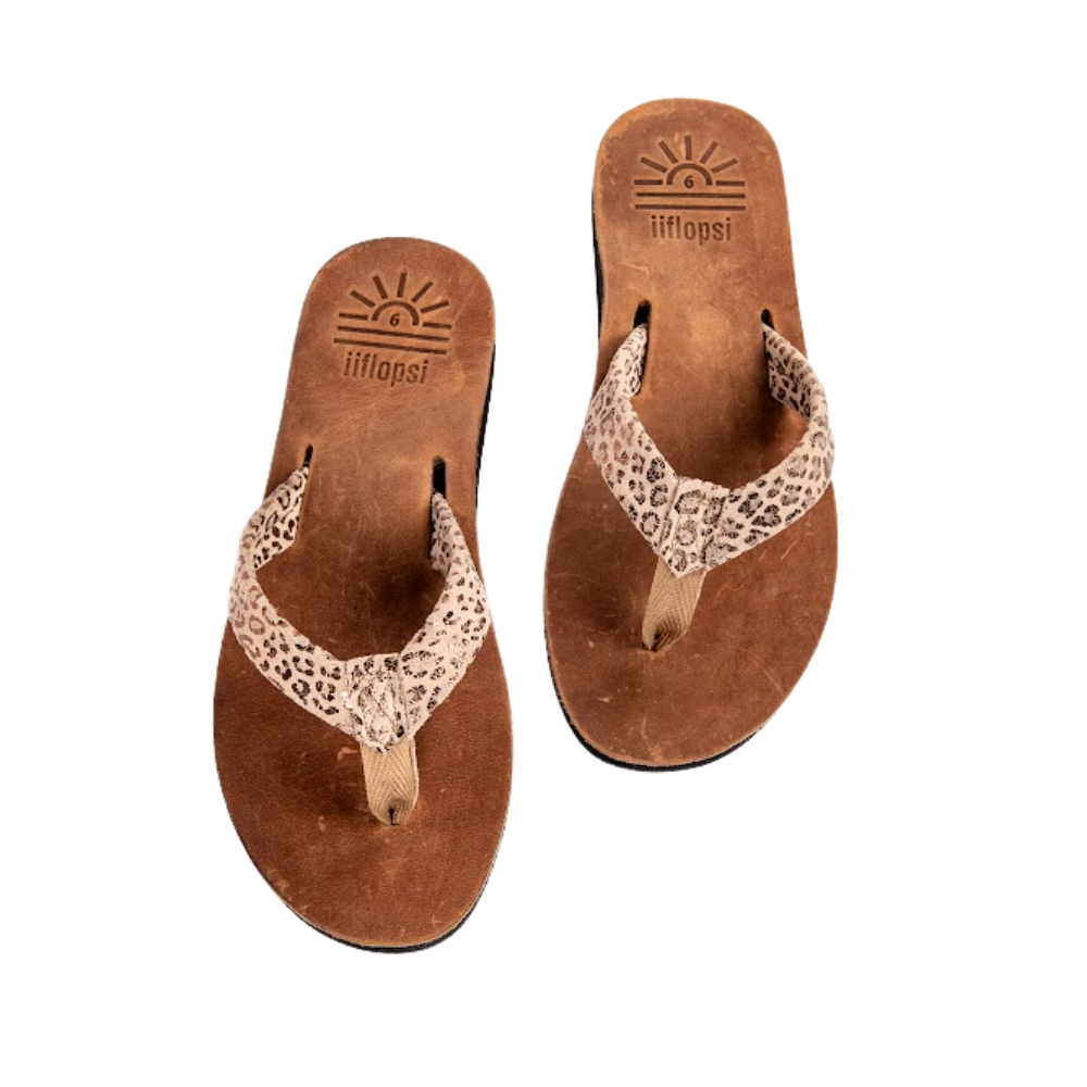 Ladies' Leopard Bronze premium handmade leather flip flops - flat - iiflopsi - South Africa