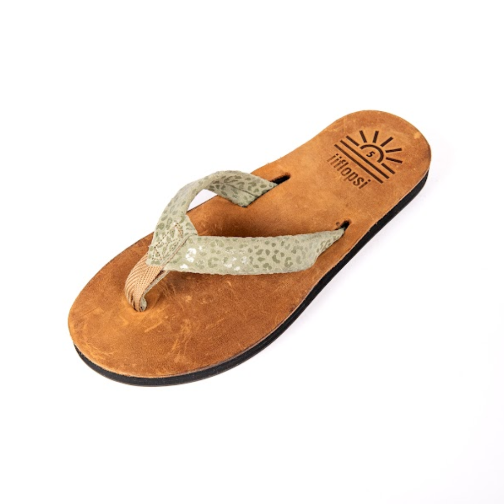 Ladies' Leopard Green premium handmade leather flip flops - flat - iiflopsi - South Africa