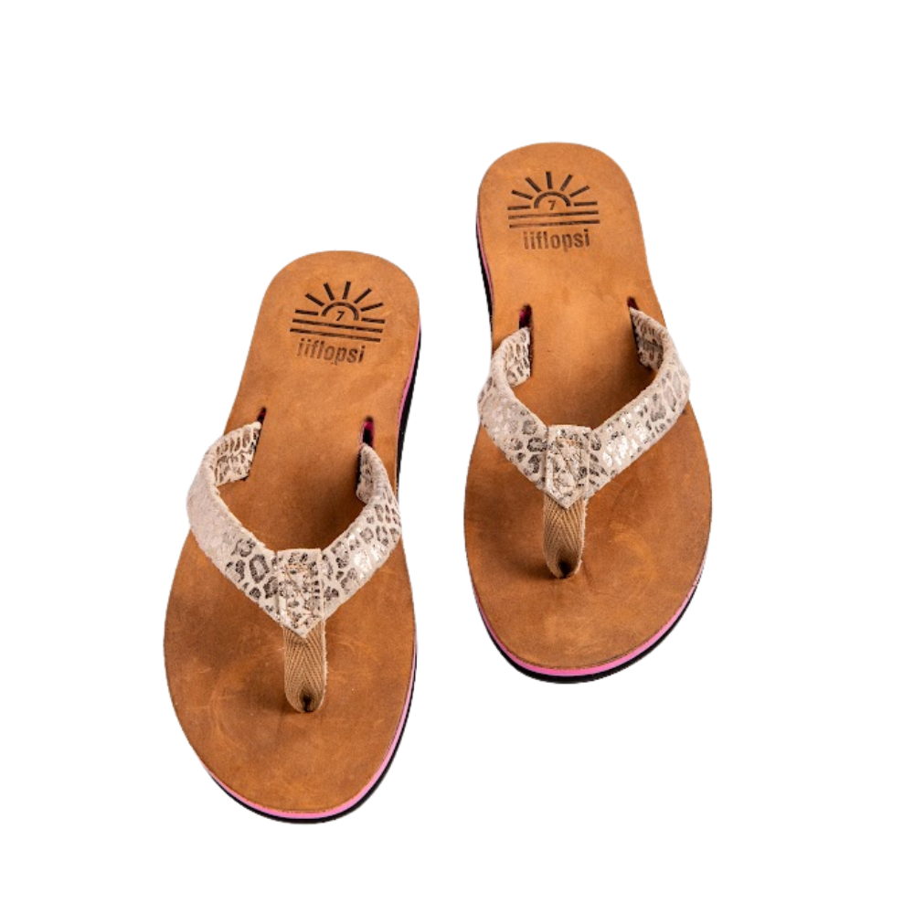 Ladies' Pink Leopard Silver premium handmade leather flip flops- flat