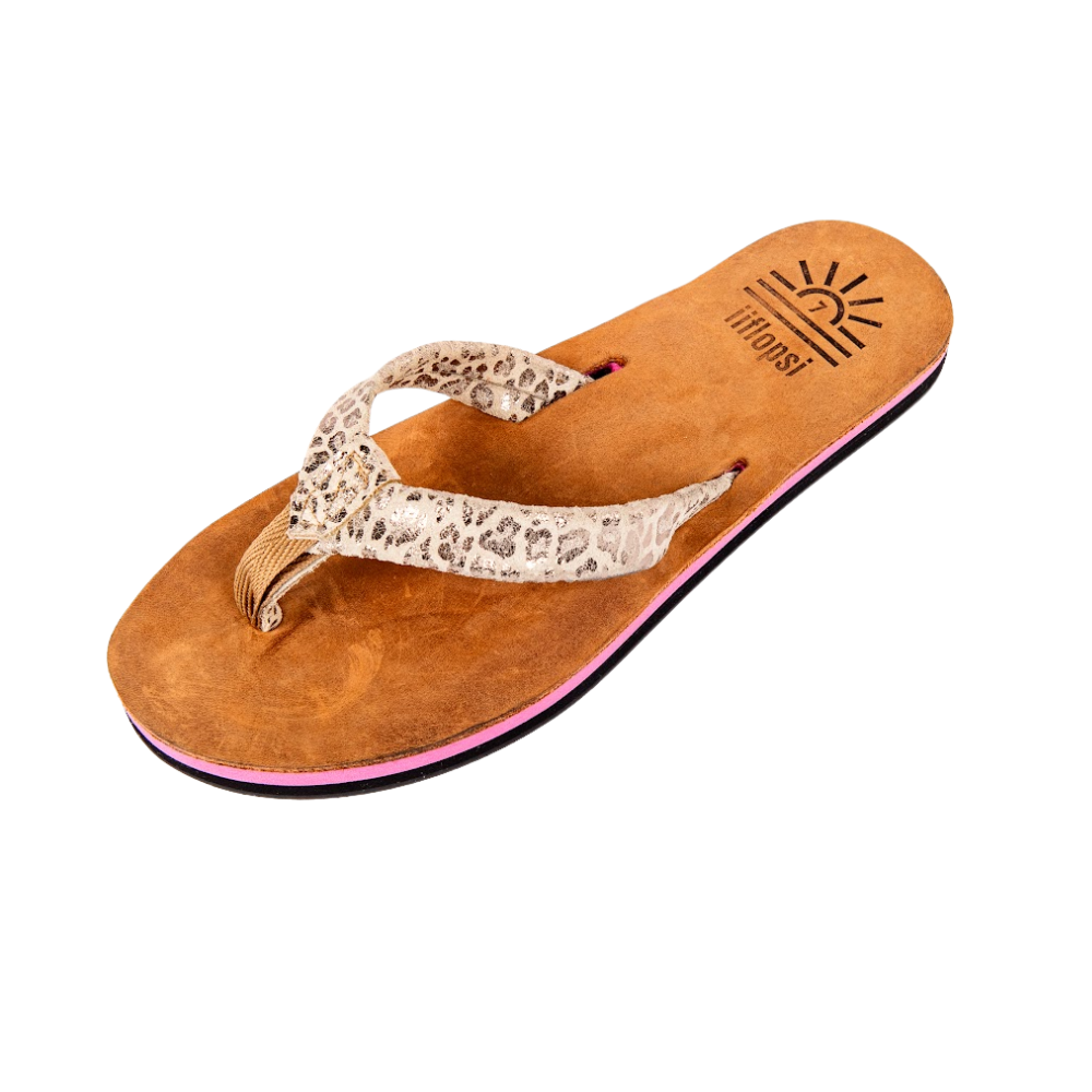 Ladies' Pink Leopard Silver premium handmade leather flip flops- flat - iiflopsi - South Africa