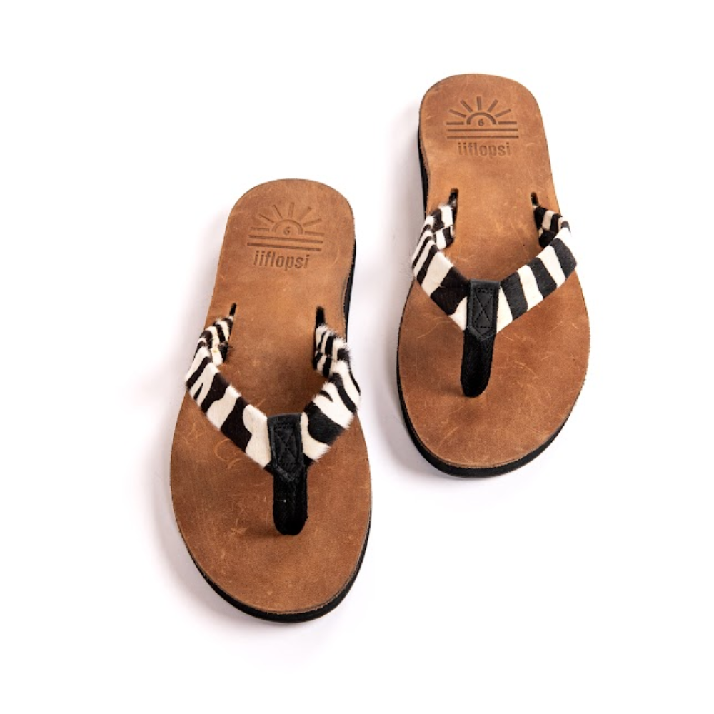 Ladies' Zebra premium handmade leather flip flops- flat - iiflopsi - South Africa
